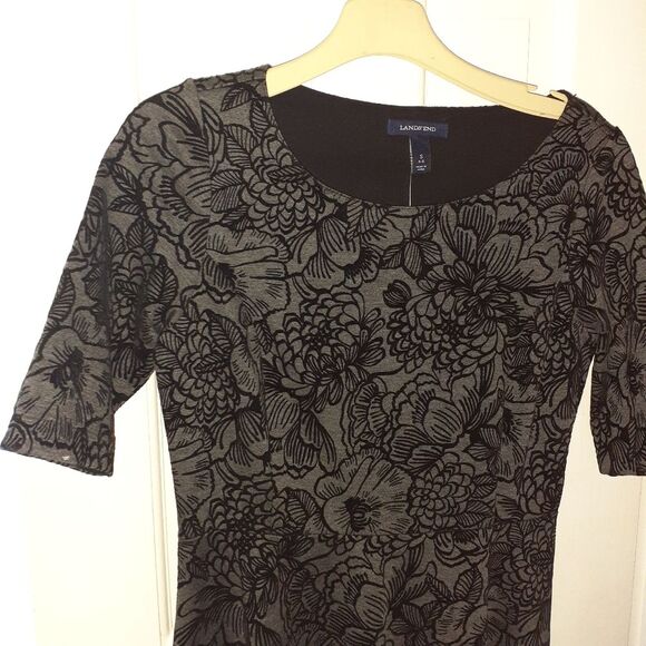 Lands end black floral print velour dress s 6 8 new nwt evening holiday career - Picture 1 of 5